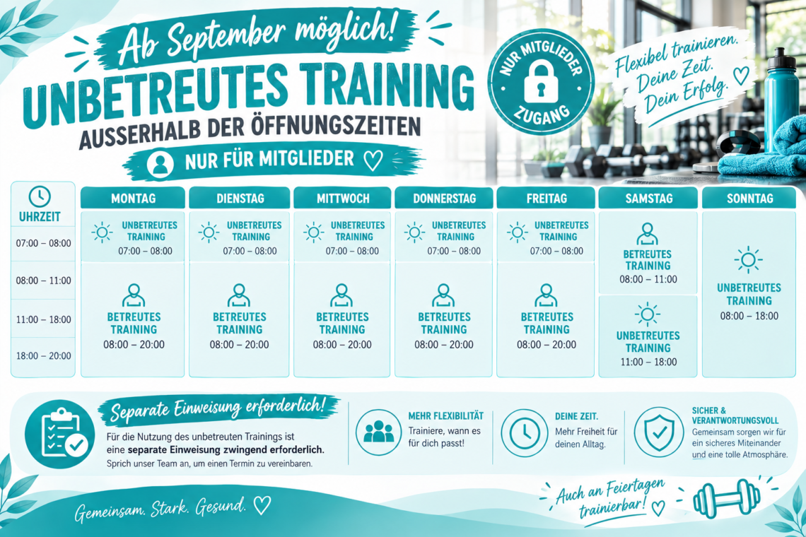 Mehr Flexibilität für dein Training: Unbetreutes Training ab September